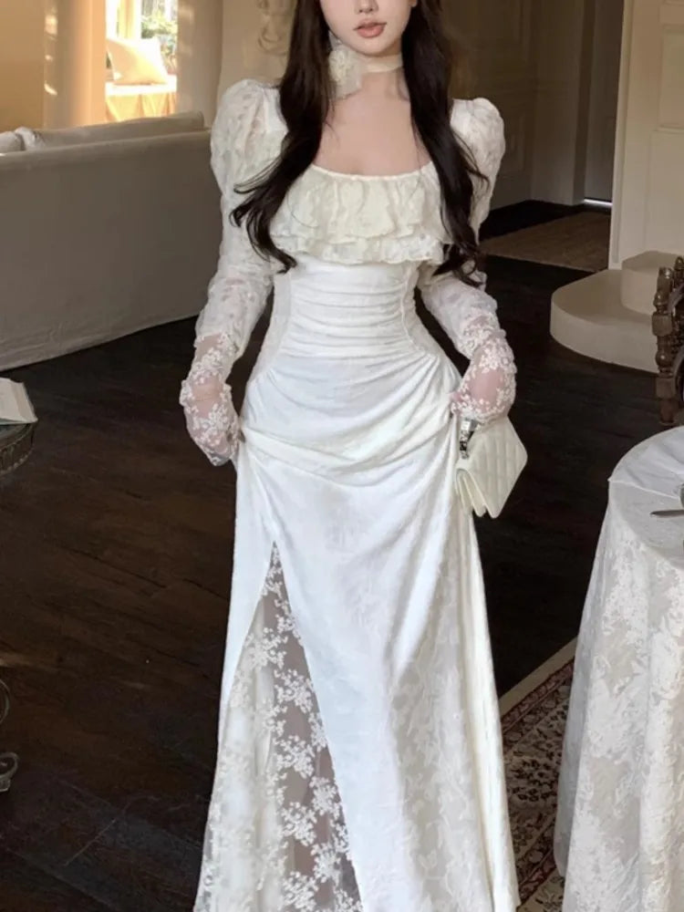 Lunivop  Elegant Lace Sleeve Long Dress for Women Chic Square Neck Retro Spliced Strappy Pleated Ruffle Party Prom One Piece Mujer Autumn