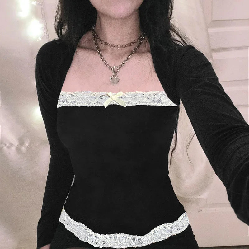 Lunivop Y2K Lace Patchwork Top Contrast Color Women Autumn Spring Ribbon Lace-up Bow Coquette T-shirts Cute Causal Basics Tees