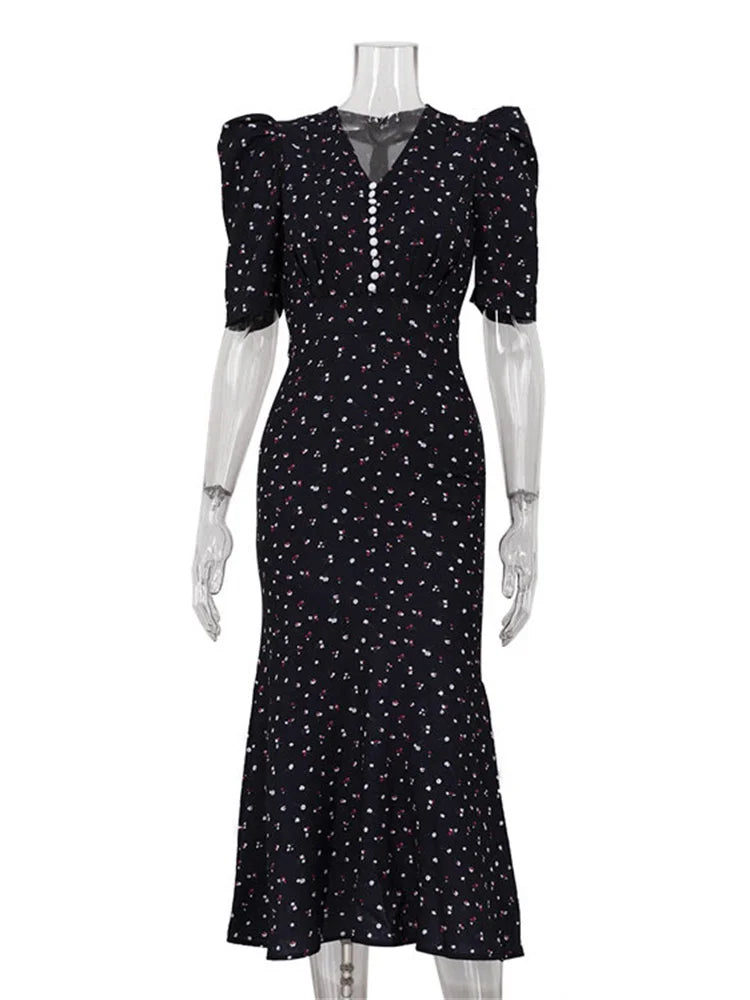 Lunivop  Fashion Printed Elegant Long Dress Women's High Waist V-Neck Short Sleeve Commute Slim Evening Female Contrast Maxi Dress