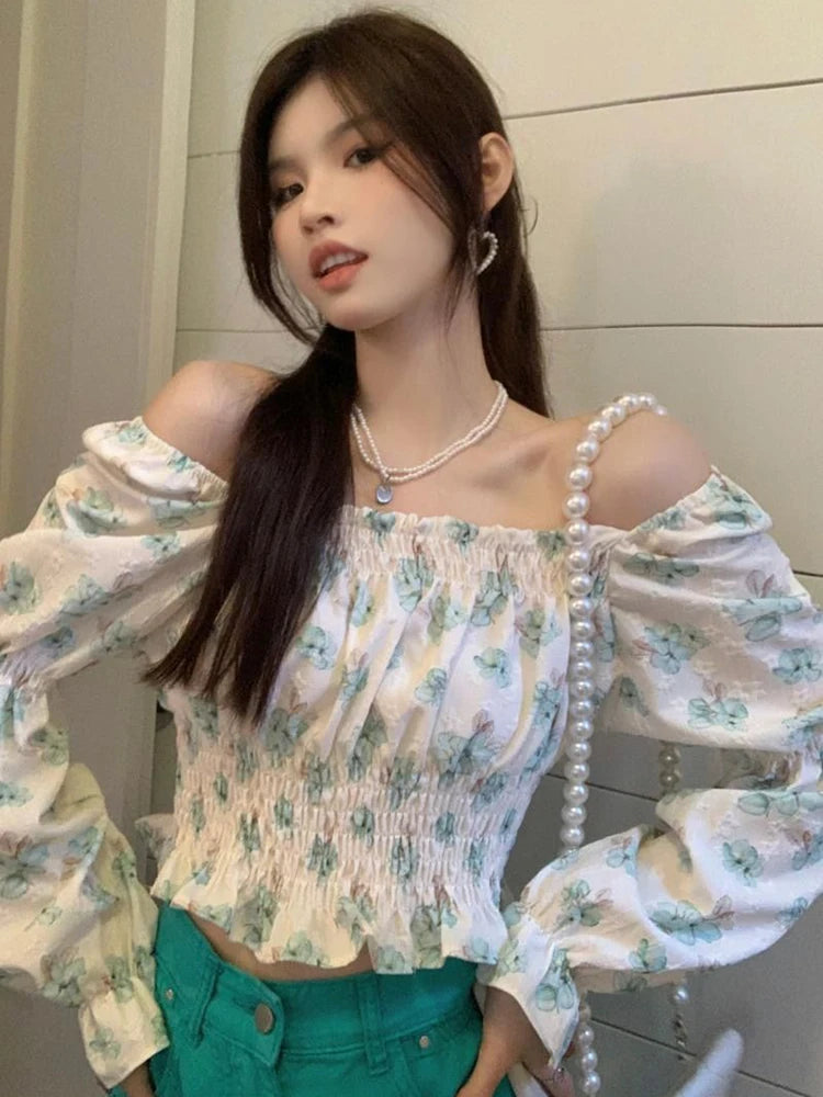 Lunivop   Floral Sweet Cropped Shirt Women Sexy Slim Long Sleeve Elegant Blouse French Vintage Square Collar Casual Off Shoulder Tops