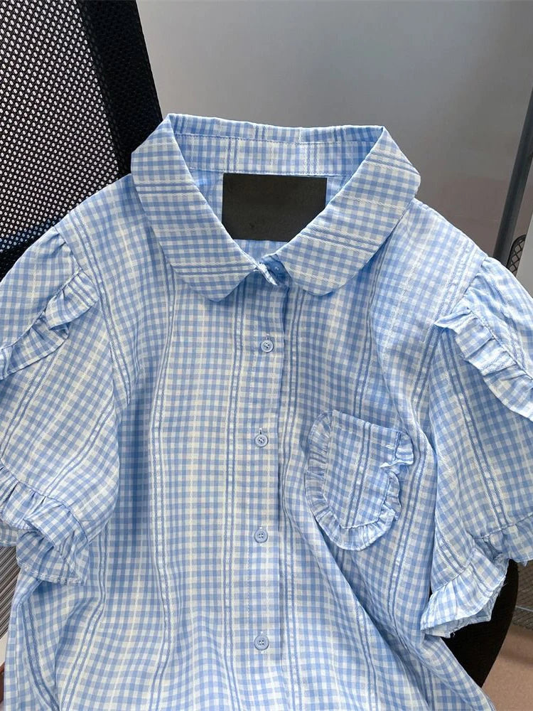 Lunivop  Ruffles Sweet Plaid Shirt Women Loose Puffy Sleeve Cute Blouse Korean Vintage Casual Summer Elegant Female Retro Design Top