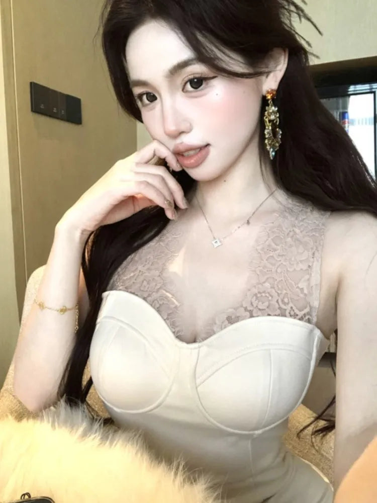 Lunivop Korean Lace Stitching Elegant Mid-length Party Dresses V-neck Hollow See Through Sexy Long Sleeve Dress  Women Autumn New
