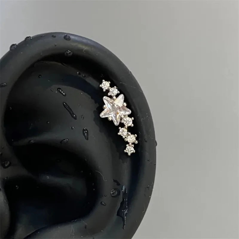 Lunivop 1pcs Quality Shiny Zircon Five Pointed Star Pendant Cochlear Ear Bone Nail 316L Stainless Steel Earring for Women Waterproof