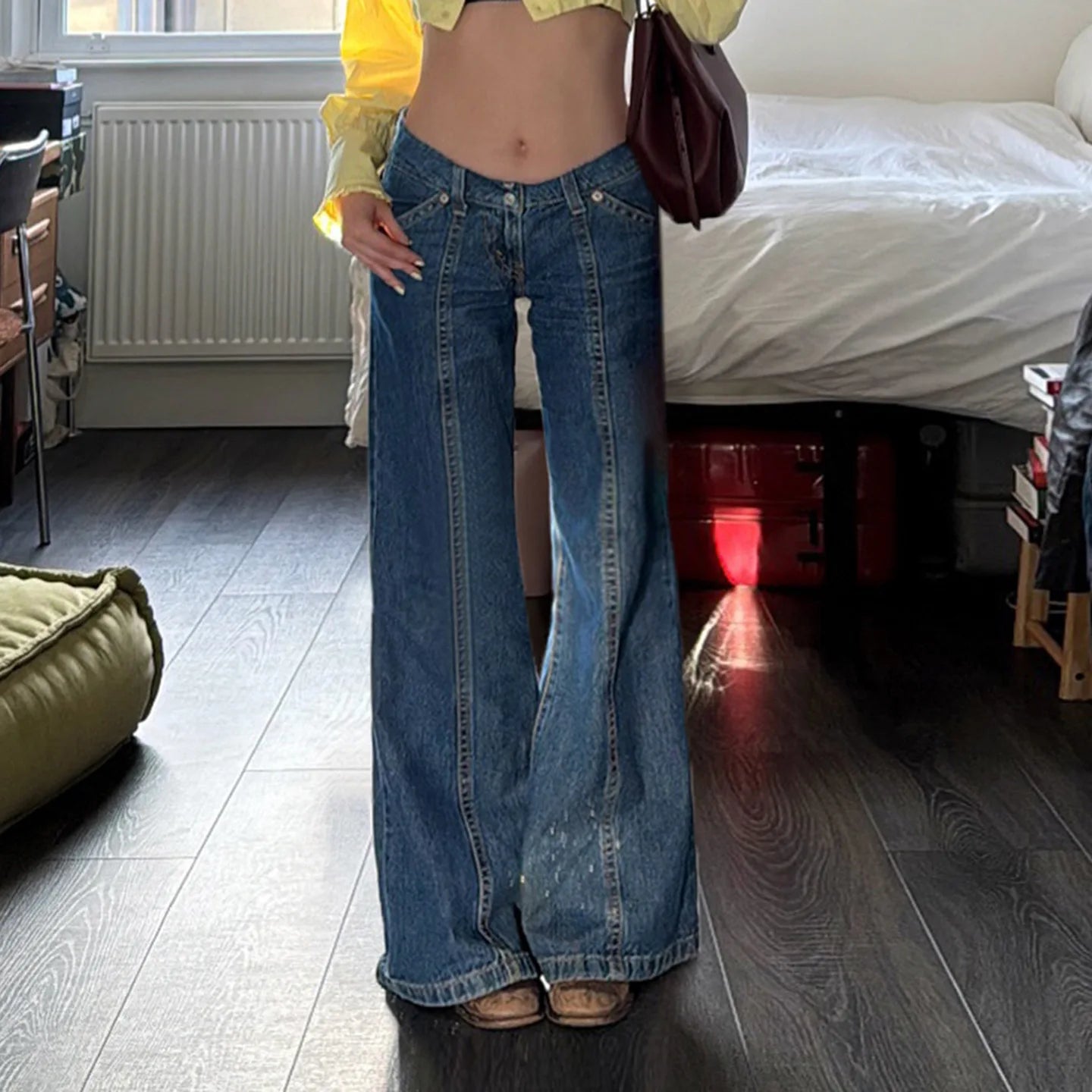 Lunivop High Waist Ladies Refor Washed Vintage Blue Jeans Floor-Length Trousers Asymmetrical Splicing Slimming Effect