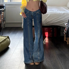 Lunivop High Waist Ladies Refor Washed Vintage Blue Jeans Floor-Length Trousers Asymmetrical Splicing Slimming Effect