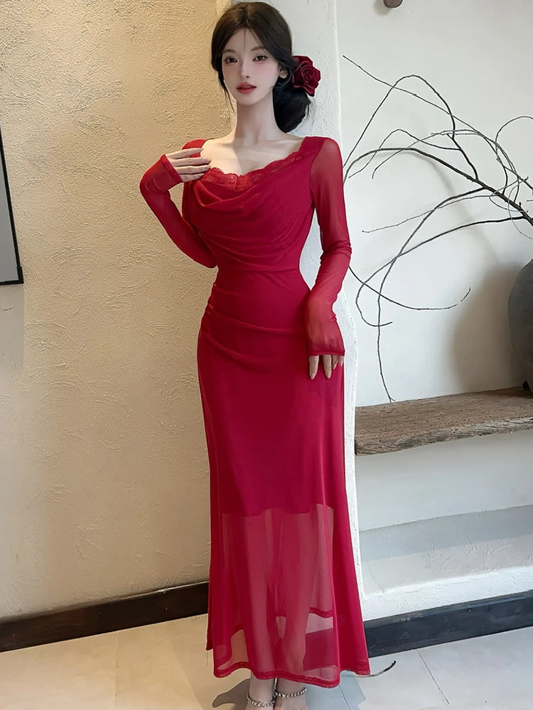 Lunivop  Women Blue Mesh Patchwork Lace Square Collar Long Dress Summer Elegant Casual Dress with Long Sleeve Korean Bodycon Dresses