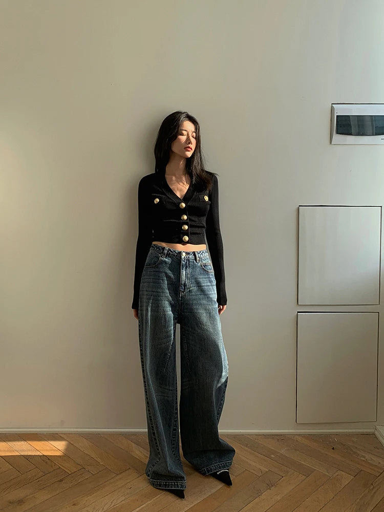 Lunivop Gold Button Front Knit Cardigan Women Long Sleeve Crop Sweater Jacket Fitted Top Teen-girl Fall Winter Vintage 90s Outfit