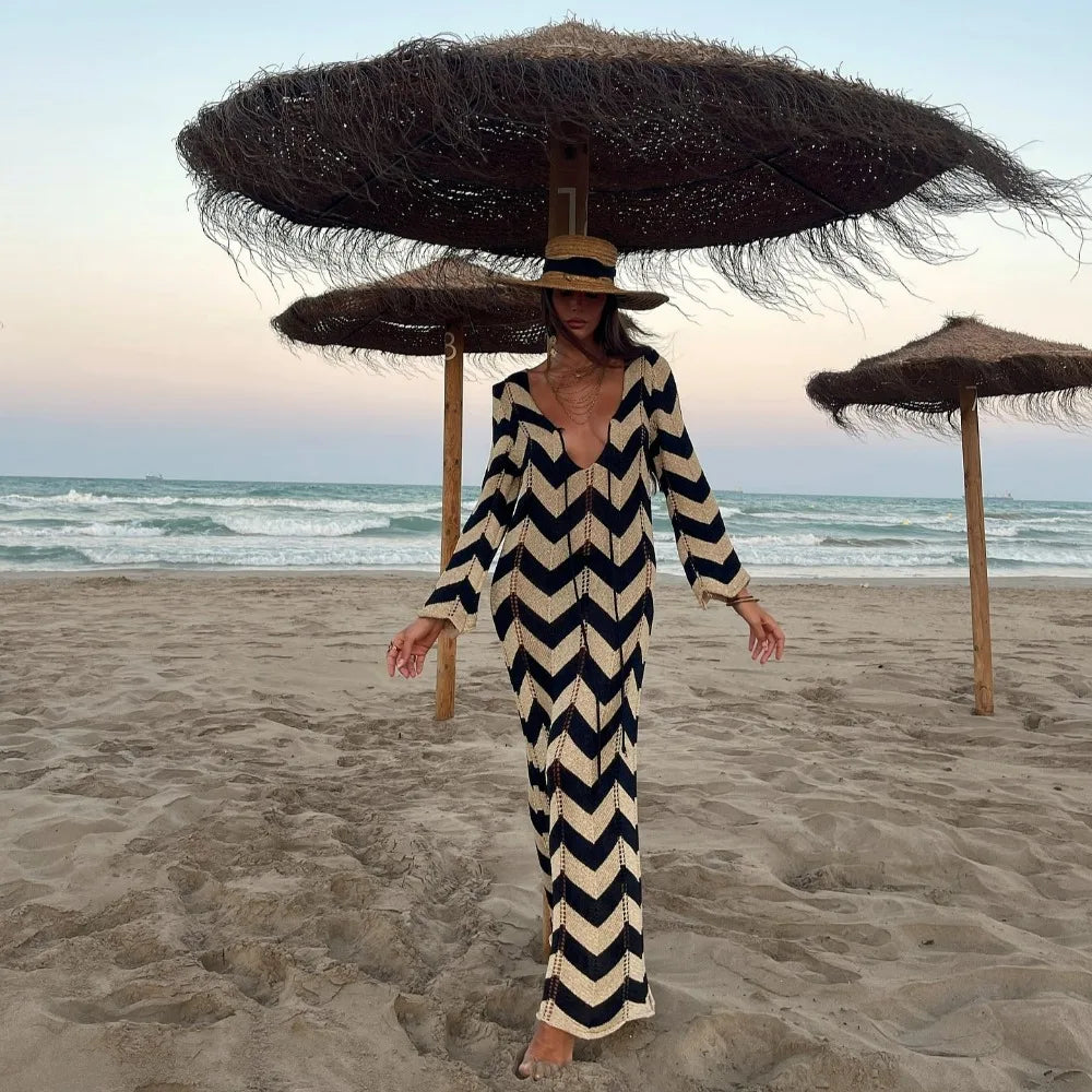 Lunivop Wave Striped Knitted Dress Women Elegant Long Sleeve Slim Beach Holiday Dresses Autumn Fashion Hollow Out Maxi Party Dress