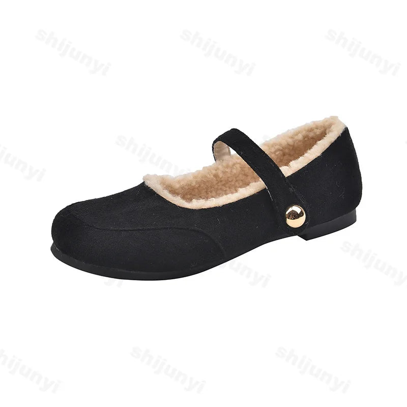 Lunivop Fashion Round Toe Ballet Flats Woman Warm Teddy Fur Mary Jane Shoes Ladies Brand Design Elegant Fluffy Plush Loafers