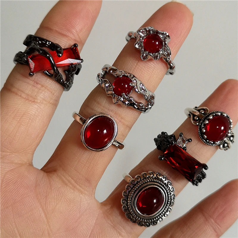 Lunivop Vintage Y2k Gothic Red Crystal Glass Irregular Geometry Aesthetic Open Rings For Women Punk Creative Grunge Jewelry Accessories