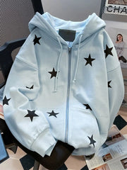 Lunivop Stars Print Hoodies Women Vintage Streetwear Long Sleeve Loos Blue Sweatshirts Casual Pockets Lace Up American Fall Tops