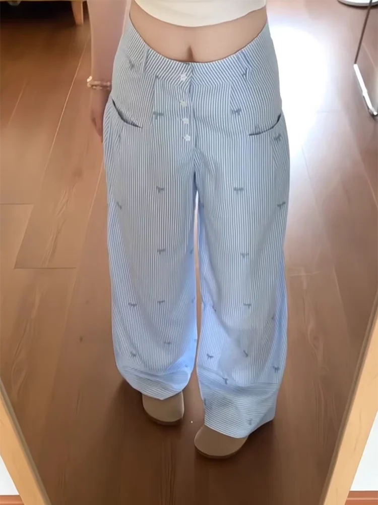 Lunivop Blue Striped Wide Leg Pant Women Loose High Waist Bow Embroidery Sweet Trousers Korean Female Casual Fashion Pockets Pants