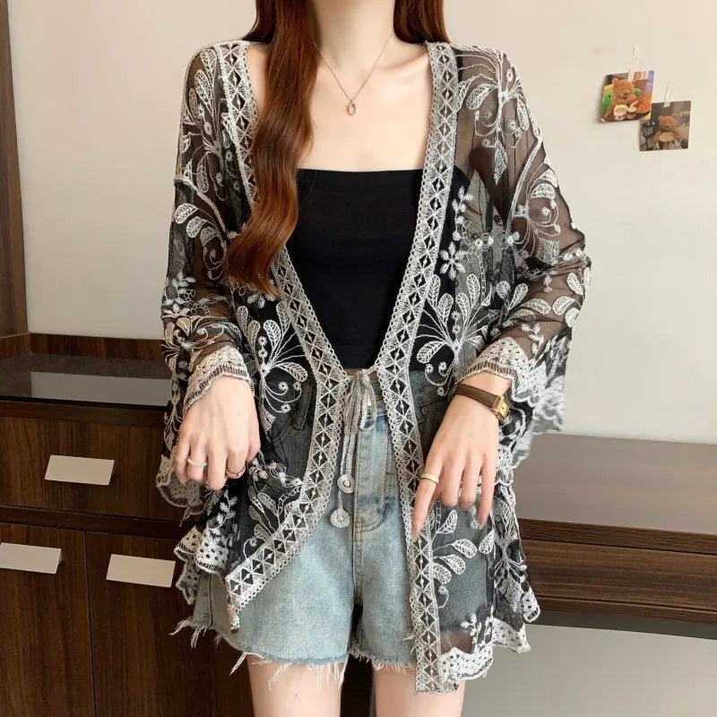 Lunivop Fashion Lace Sun Protection T Shirt Women's V Neck Long Sleeve Open Stitch Tops 2025 Summer New Tide