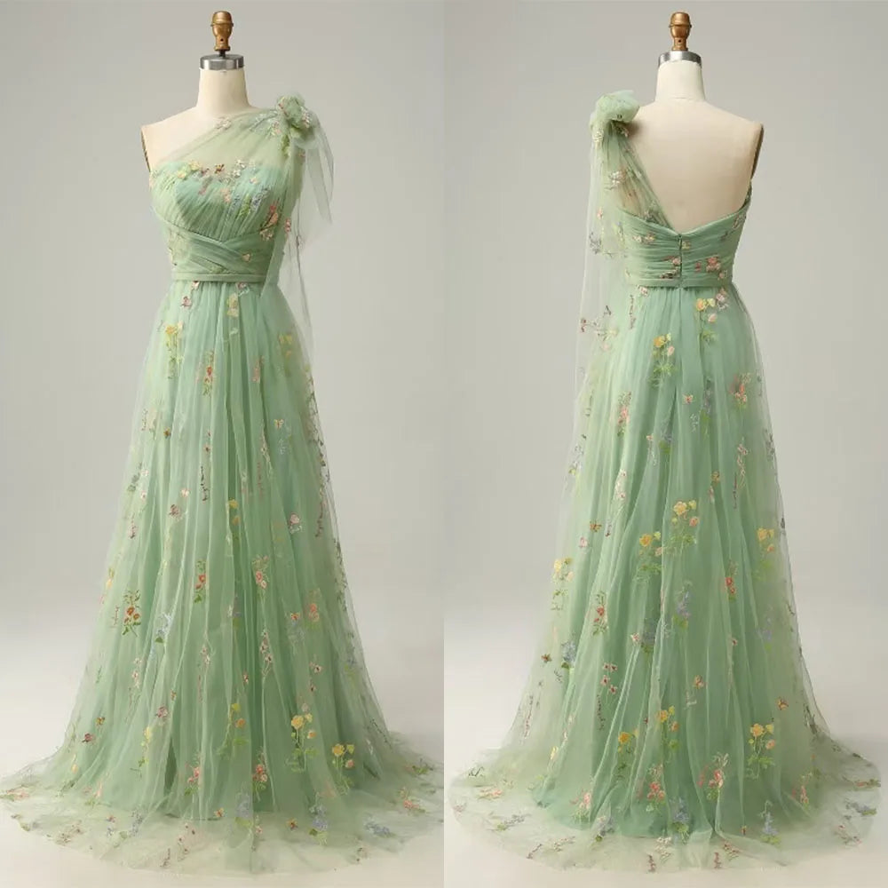 Lunivop  High Quality One Shoulder Green Tulle Pleat Appliques Flowers Sleeveless Elegant Dress Women for Wedding Party