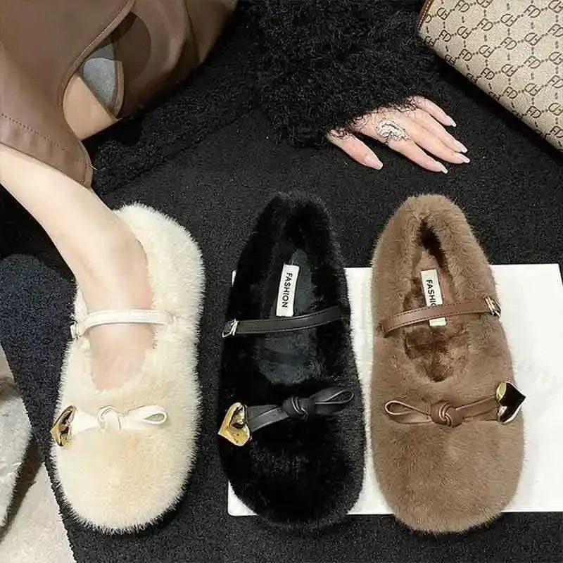 Lunivop Fashion Round Toe Wool Ballet Flats Woman Concise Warm Plush Loafers Ladies Brand Design Fluffy Mary Jane Shoes Zapatos De Mujer