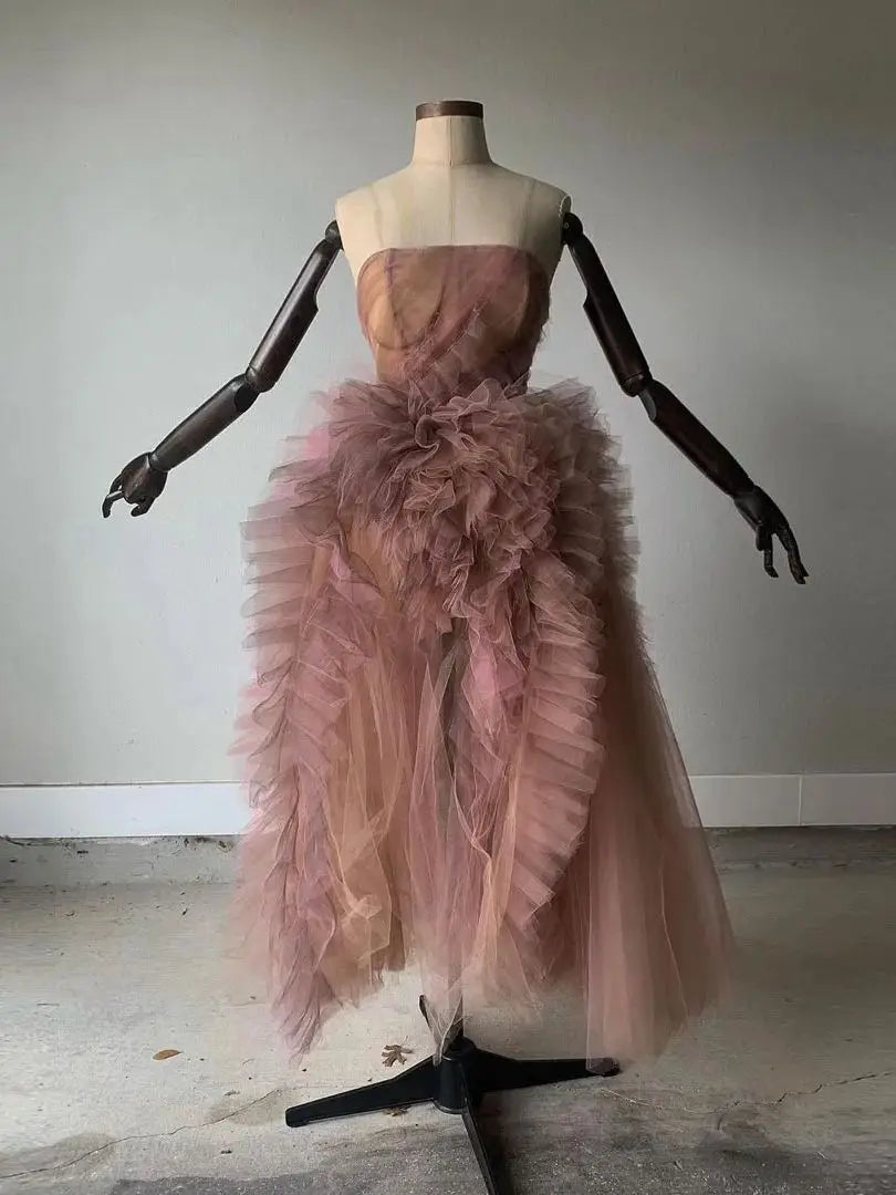 Lunivop Ruffled Marchesa Pink and Purple Ombre Strapless Ankle-length Custom Made Mixed Color Lush Tulle Evening Party Dress
