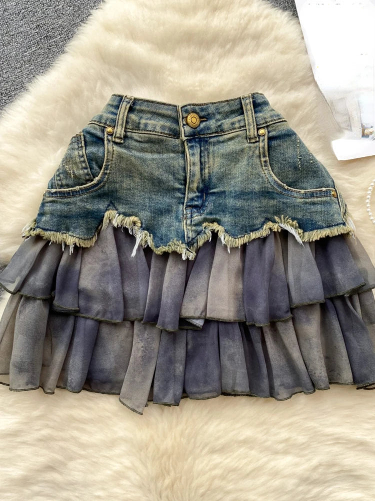 Lunivop Sexy Gyaru Denim Skirts High Waist Ruffles Patchwork Raw Edge Irregular Pockets Skirt for Women Summer Streetwear Y2k Clothing