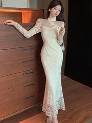 Lunivop  Autumn Elegant Cheongsam Dress for Women Sexy Solid Stand Collar Long Sleevs Evening Party Prom Dresses Female One Piece Vestido
