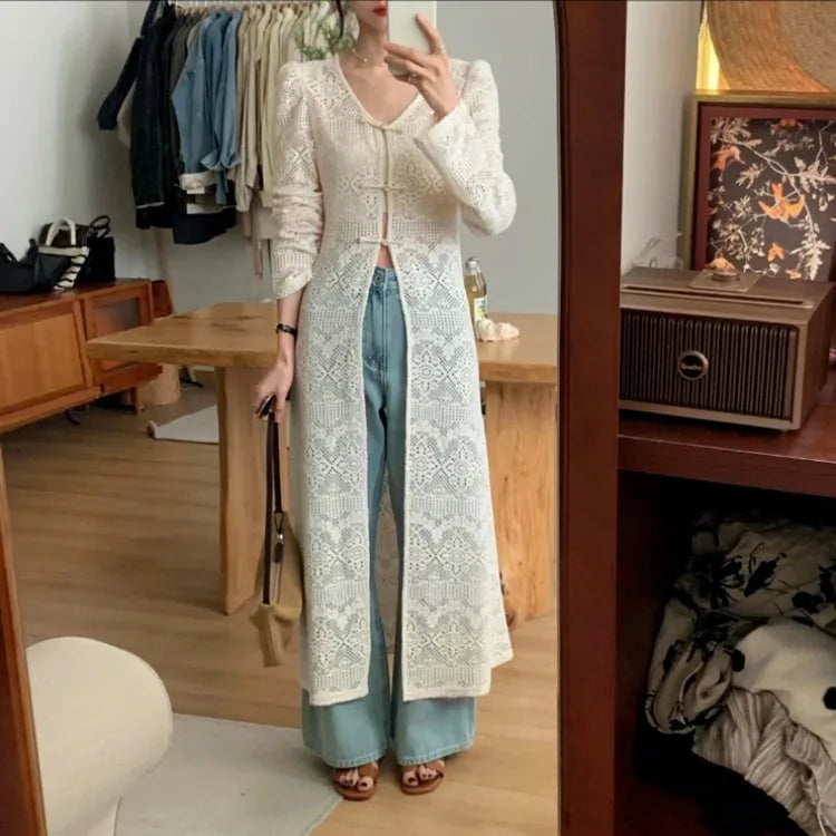 Lunivop  New Chinese Style V-neck Split Tops Women Summer Slim Fit Hollow Out White Cardigan Y2k E-Girl Long Sleeve Blusas Mujer