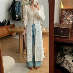 Lunivop  New Chinese Style V-neck Split Tops Women Summer Slim Fit Hollow Out White Cardigan Y2k E-Girl Long Sleeve Blusas Mujer