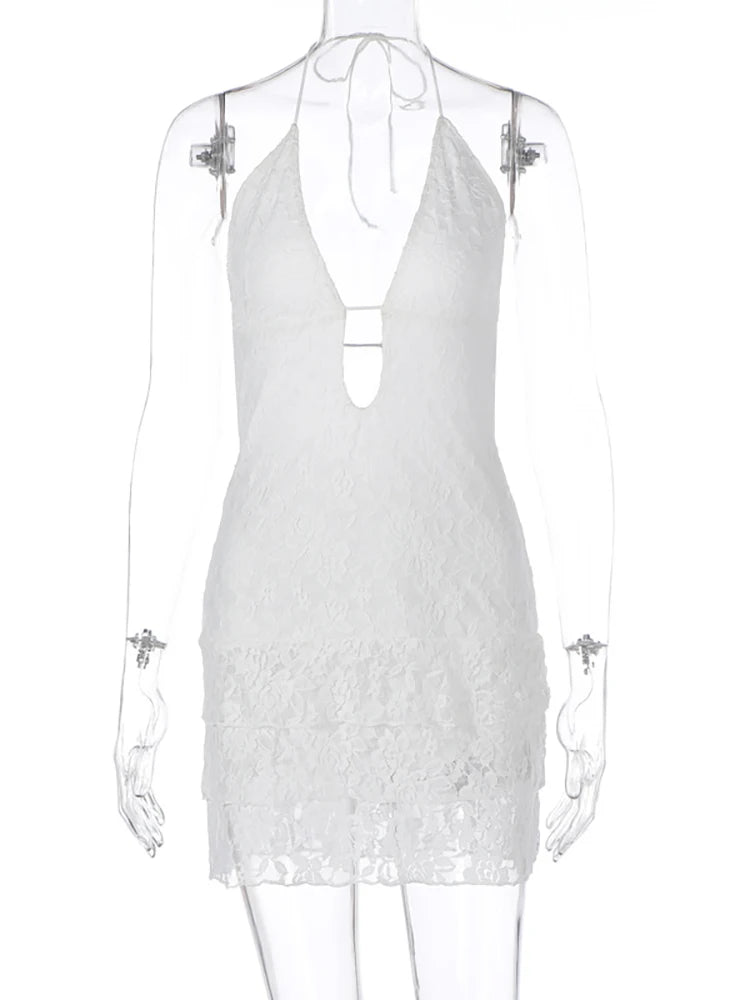 Lunivop Sexy Hollow Out Lace Halter Women Dress White Backless High Waist Dress Female Summer Skinny Elegant Party Clubwear