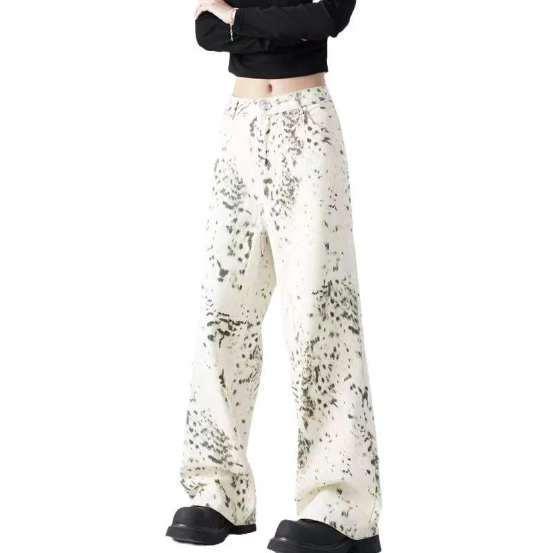 Lunivop  Fashion Beige Leopard Print Jeans Women Streetwear Vintage Hippie Wide Leg Pants Female Casual Baggy Straight High Waist Jeans