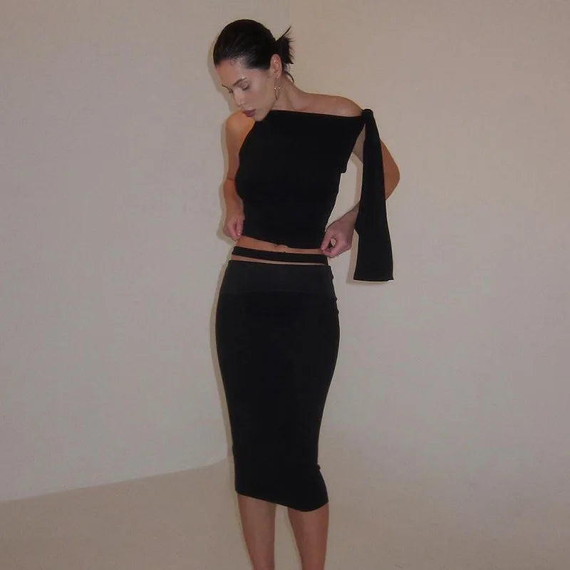 Lunivop Knotted Asymmetrical Sleeveless Crop Top Long Skirt Women'S Sets Elegant Evening Summer Streetwear Prom Ladies Clothes