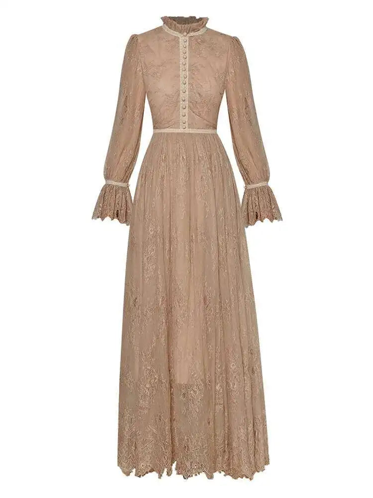 Lunivop Solid Lace Printing Design Women's Dresses Stand Collar High Waist Long Sleeve Elegant Dress Female Autumn 2025 New