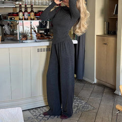 Lunivop  Autumn Winter Wide Leg Pants Set Women Fashion Casual Skew Collar Full Sleeve Pullover Slim Tees+Trousers Solid Daily Streetwear