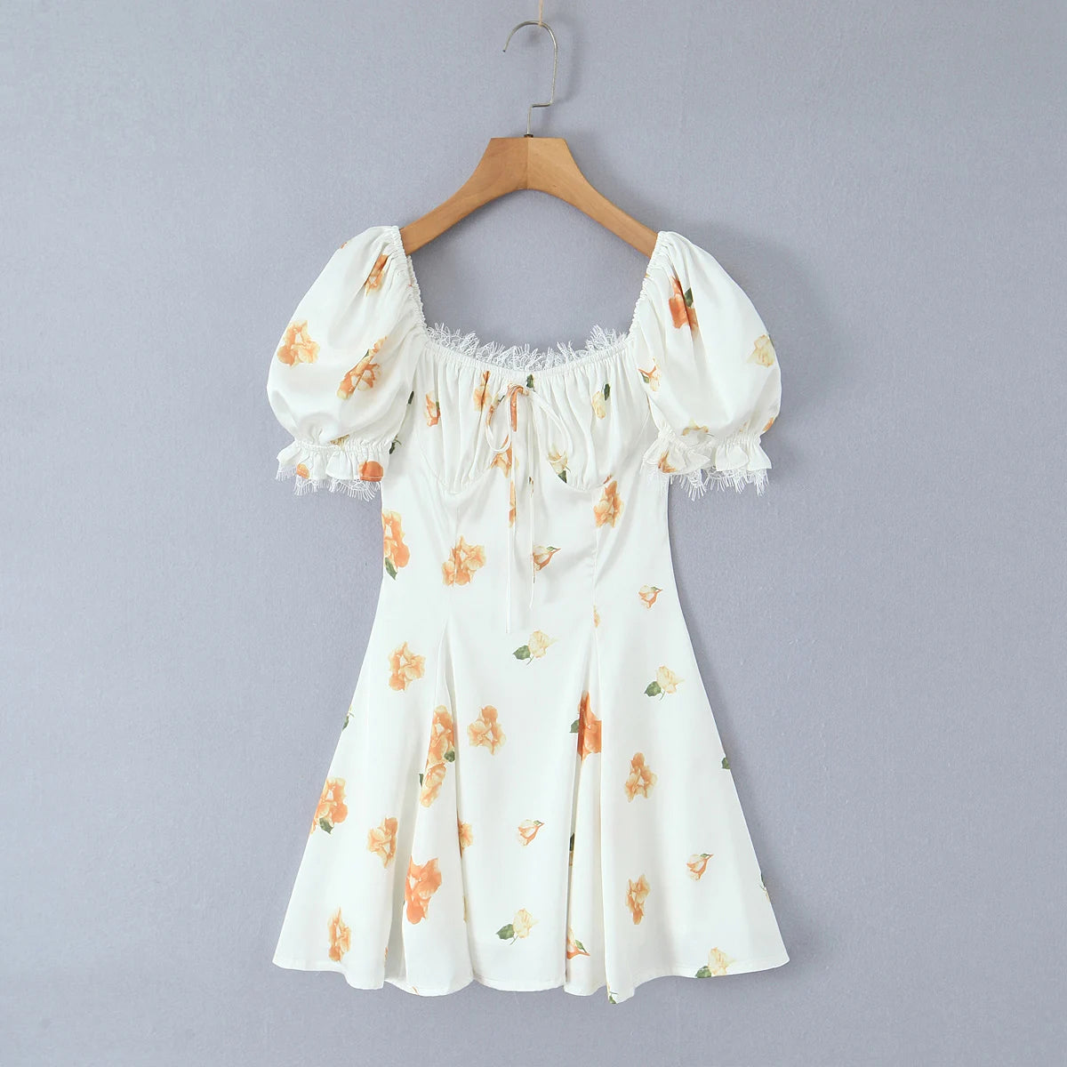 Lunivop  Retro White Floral Bow Ruched Chest Lace Slash Collar Satin Mini Dress Women Short Puff Sleeve Low Waist Swing Dresses Robe
