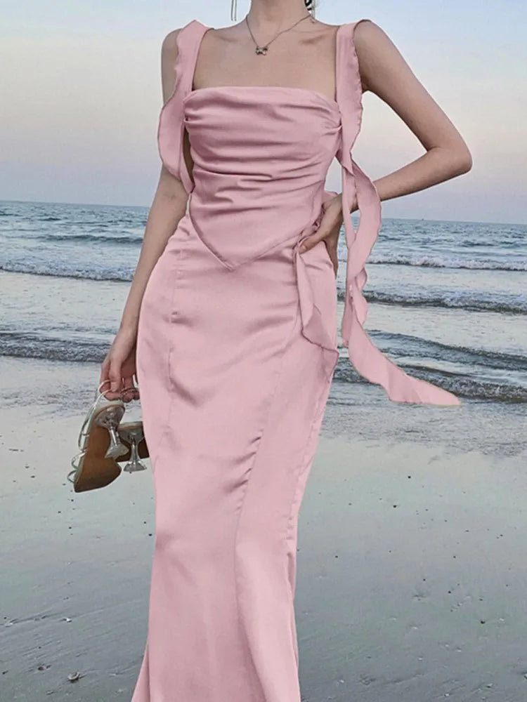 Lunivop  Sweet Pink Backless Womens Dresses Sexy Spaghetti Strap Sleeveless Wedding Evening Dress Elegant Gown Female Split Vestidos New