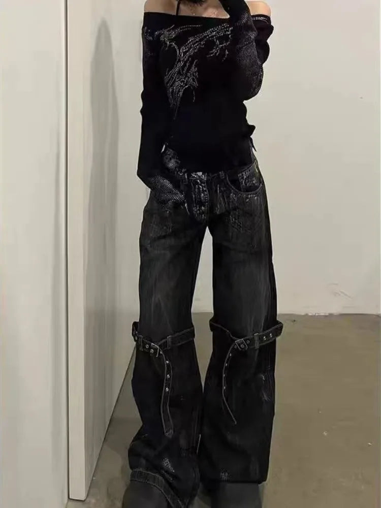 Lunivop Black Women's Jeans High Waist Hip Hop Straight Fashion Pants Streetwear Harajuku Y2K Star Female Wide Leg Denim Trouser