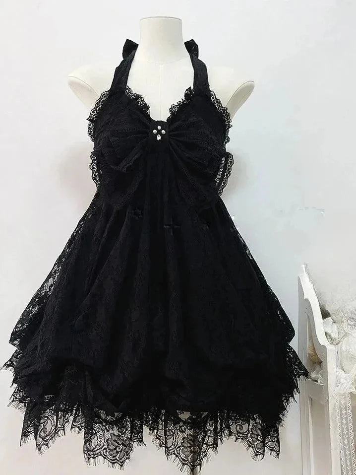 Lunivop  Harajuku Sweet Y2k Lolita Lace Dress Women Vintage Bow Ruffle Cake Dress Slim Bandage Dress Japanese Style Fashion Summer
