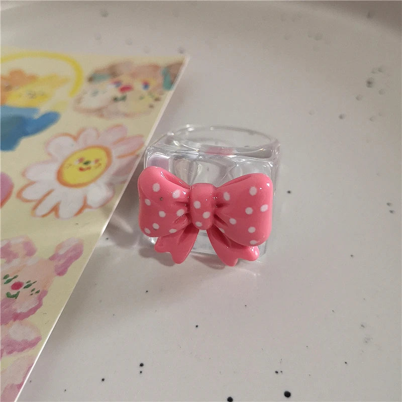 Lunivop Kpop Gothic Y2k Cute Acrylic Flower Bow Strawberry Cherry Heart Ring Emo Aesthetic Resin Rings Set Egirl Accessories Decorations