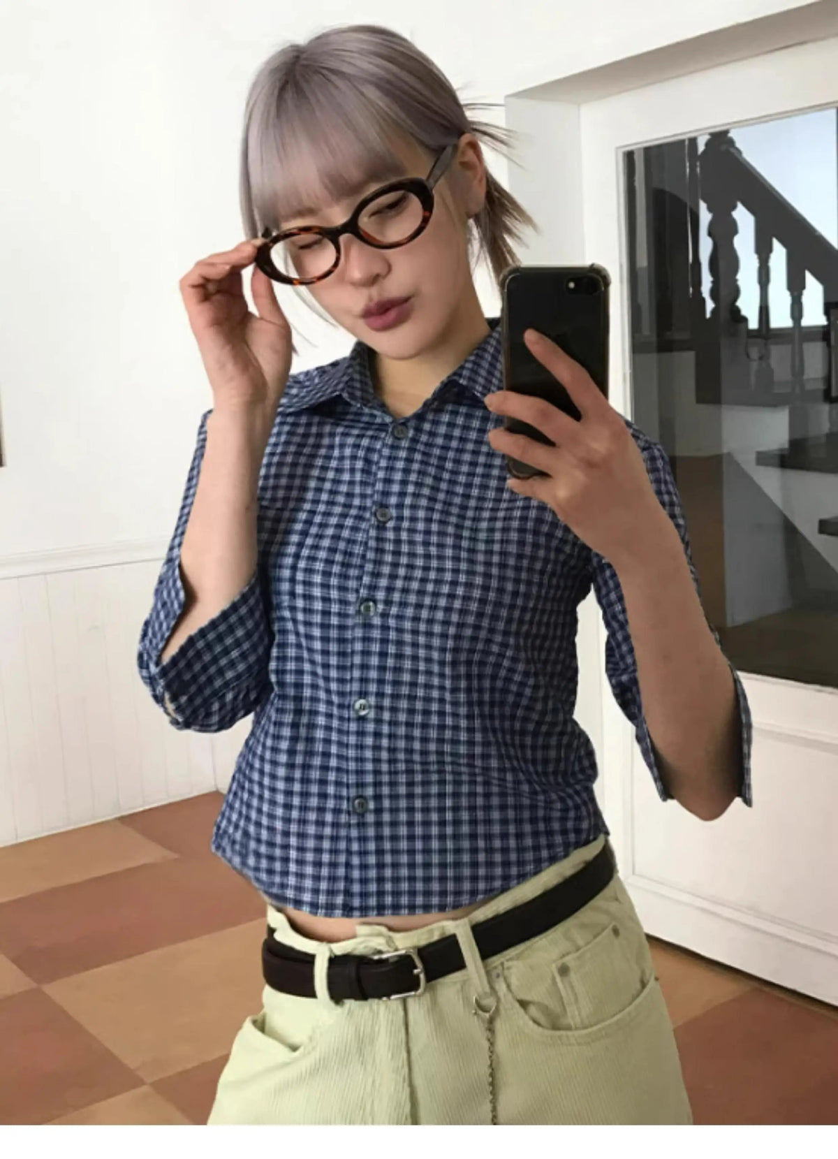 Lunivop Y2k Plaid Shirt Women Three Quarter Casual Shirt Japanese 2000s Grunge Tops Streetwear Summer Shirt Korean Style