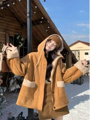 Lunivop Y2K Streetwear Faux Lamb Suede Jacket Women Vintage Winter Long Sleeve Hooded Coat American Retro Loose Lady Pockets Warm Tops
