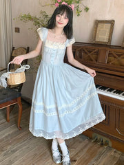 Lunivop  Elegant Blue Long Dress Women Sweet Lace Patchwork Vintage Dress High Quality Casual Flying Sleeve Bow Lady Retro Vestidos