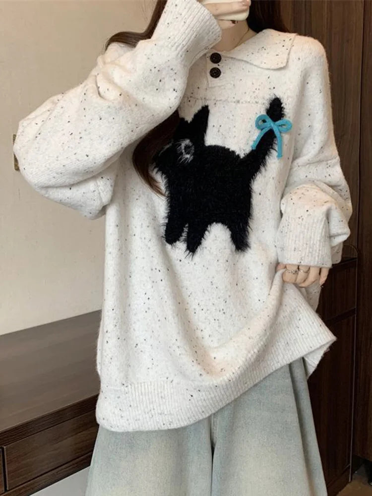 Lunivop Cute Cartoon Bow Sweaters Women Loose Vintage Long Sleeve Kawaii Knitted Jumper Japan Casual Preppy Style Retro Pullovers