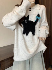 Lunivop Cute Cartoon Bow Sweaters Women Loose Vintage Long Sleeve Kawaii Knitted Jumper Japan Casual Preppy Style Retro Pullovers