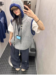 Lunivop Autumn Grunge Loose Knitted Women Tanks Harajuku Casual Contrast Color Hooded Waistcoat Y2k Aesthetic Streetwear Sweater Vest