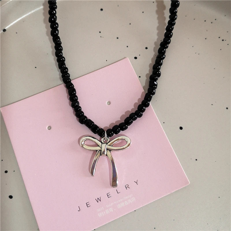 Lunivop Goth Harajuku Cute Y2k Aesthetic Bowknot Pendant Beaded Snake Chain Rope Chain Necklace For Girl Choker Cool 90s EMO Accessories