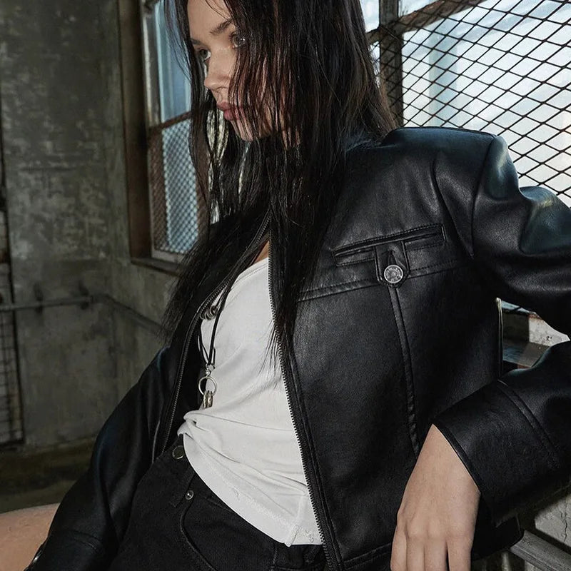 Lunivop Slim Leather Long Sleeve Zipper Metal Button Slim Jackets Coats New Winter Casual Y2K Vacation Clothing
