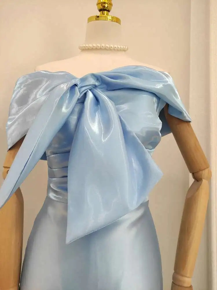 Lunivop Bow Solid Color Luxury Dresses For Women Elegant Short Sleeve High Split Zipper Slim Dress Female 2025 New Clothing