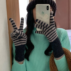 Lunivop Stripe Rabbit Knitting Gloves Female Winter Mittens Factory Outlet Fur Gloves Women's Winter Gloves Women Girls Mittens