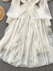 Lunivop  Chic Fashion Women Gentle Elegant V Neck Slim Ruffled Chiffon Dresses Spring Solid Long Sleeve Vintage