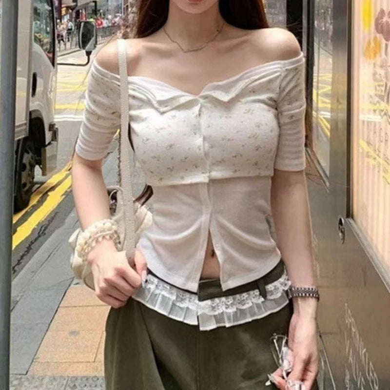 Lunivop Vintage Fake Two Piece Buttoned Cardigan T-shirts Y2k Slim Floral Print Tops Women Off Shoulder Short Sleeve Tee Shirt