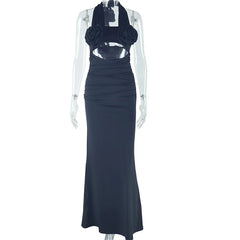 Lunivop  Summer Fashion New Women's Elegant and Sexy Vacation Style Hanging Neck 3D Flower Decoration Sexy Long Dress