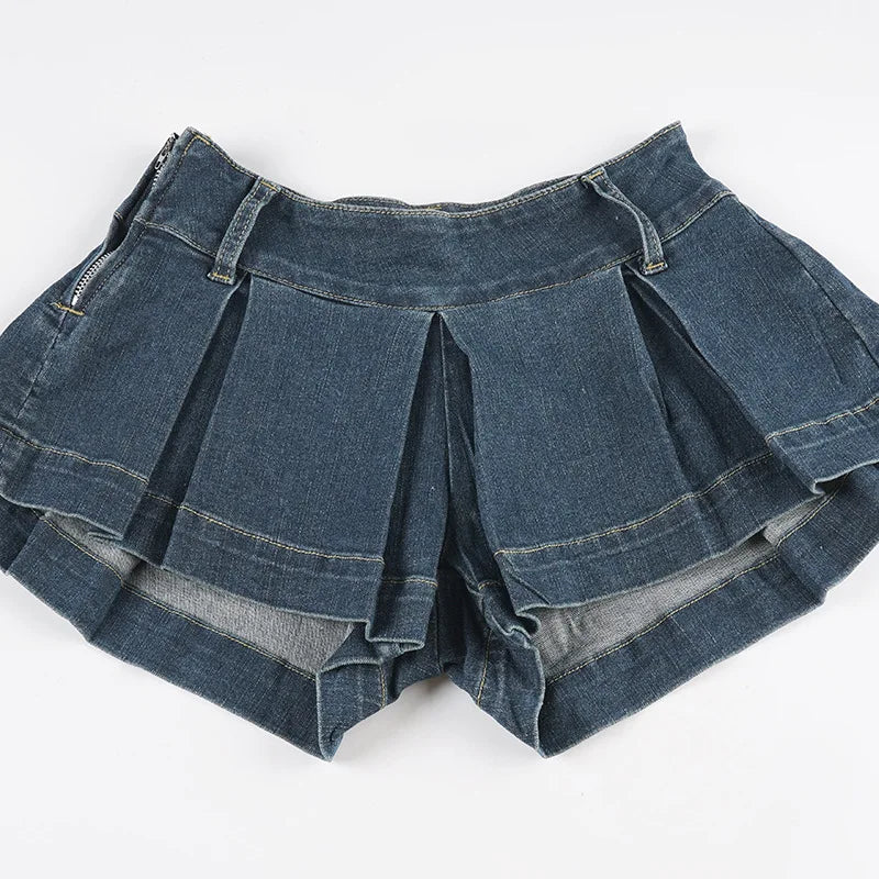 Lunivop New Retro Sexy Women Summer Low Waist Mini Pleated Denim Shorts Skirt Fashionable Street Y2k Harajuku Goth Shorts