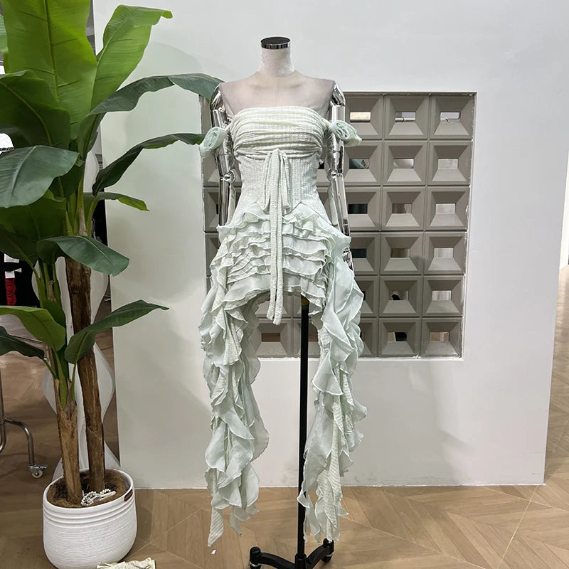 Lunivop Fashion Women Dress Sleeveless Slash Neck Solid Color Tassel Strapless Irregular Female Party Dress New Tide