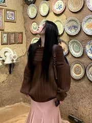 Lunivop Sexy Vintage Grey Sweaters Women Off Shoulder Korean Style Jumper Elegant Slash Neck Harajuku Long Sleeve Pullovers